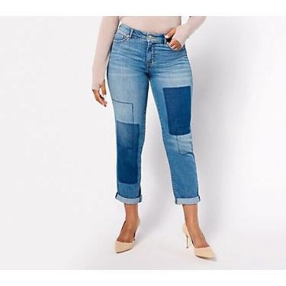 LOGO by Lori Goldstein Shadow Patch Boyfriend Jeans Size 10 - Picture 1 of 10